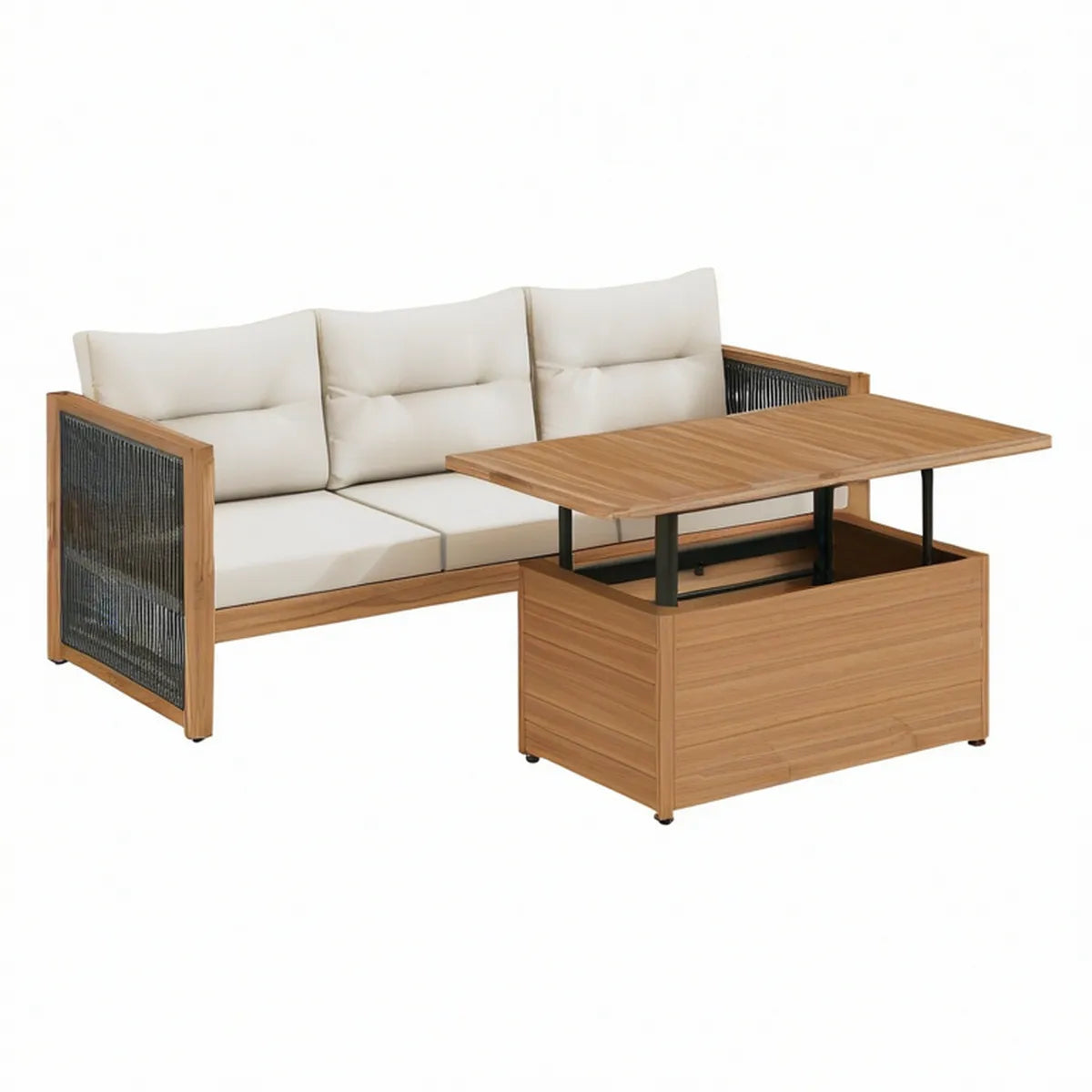3-Sitzer aus Akazienholz mit höhenverstellbarem Stauraumtisch, Beige, 210 × 78 × 76 cm