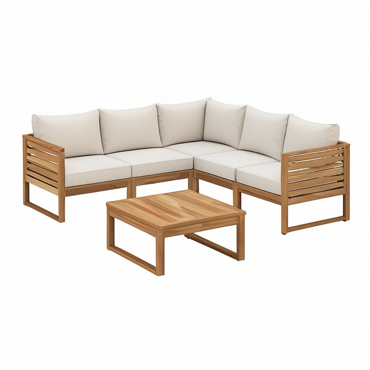 5-teiliges Garten-Lounge-Set in L-Form aus Akazien-Massivholz, Naturholz/Beige, 140 x 140 x 60 cm, Tisch 68 x 68 x 29,5 cm