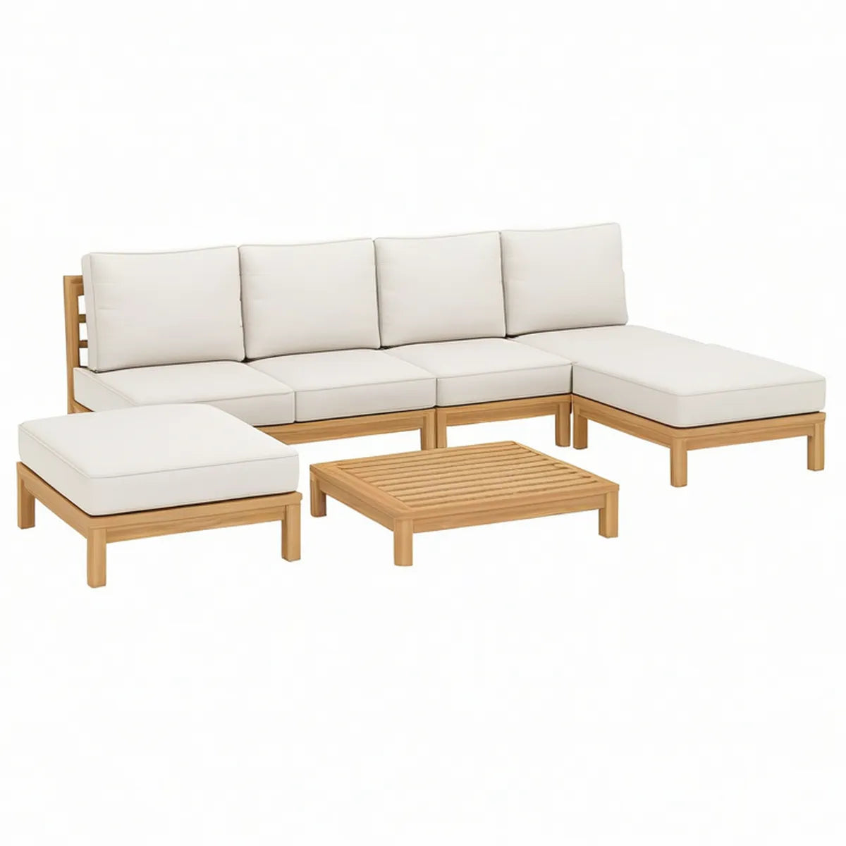 4-teiliges Gartenlounge-Set mit Liegeelement aus Akazienholz, Natur/Cremeweiss, 260 x 180 cm
