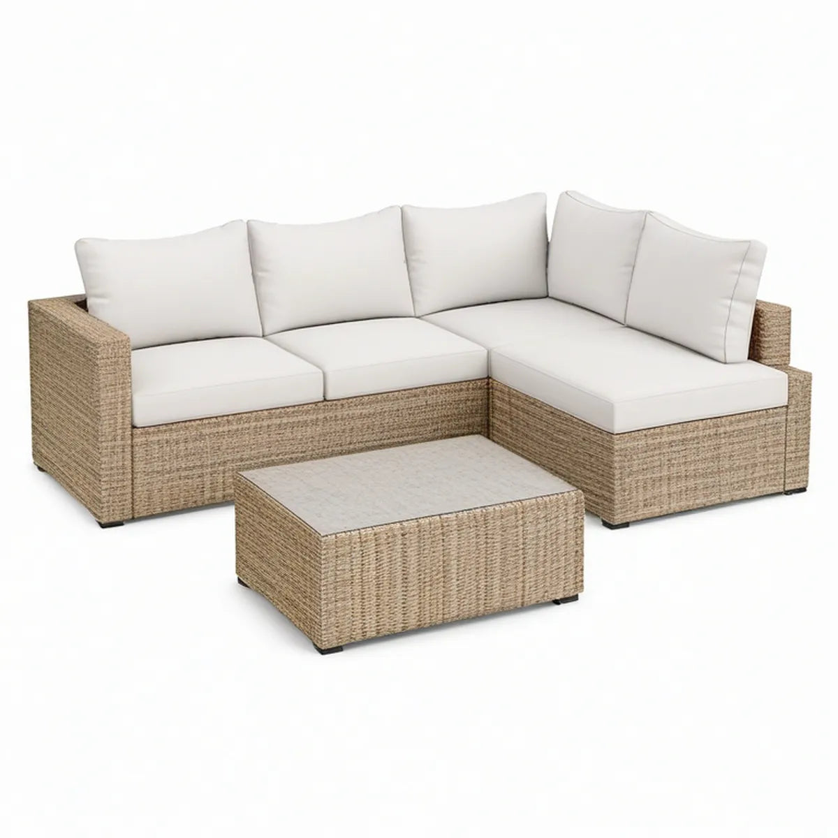 Garten-Ecklounge in L-Form 210 x 210 cm aus PE-Rattan Naturbeige mit cremeweissen Kissen und Couchtisch