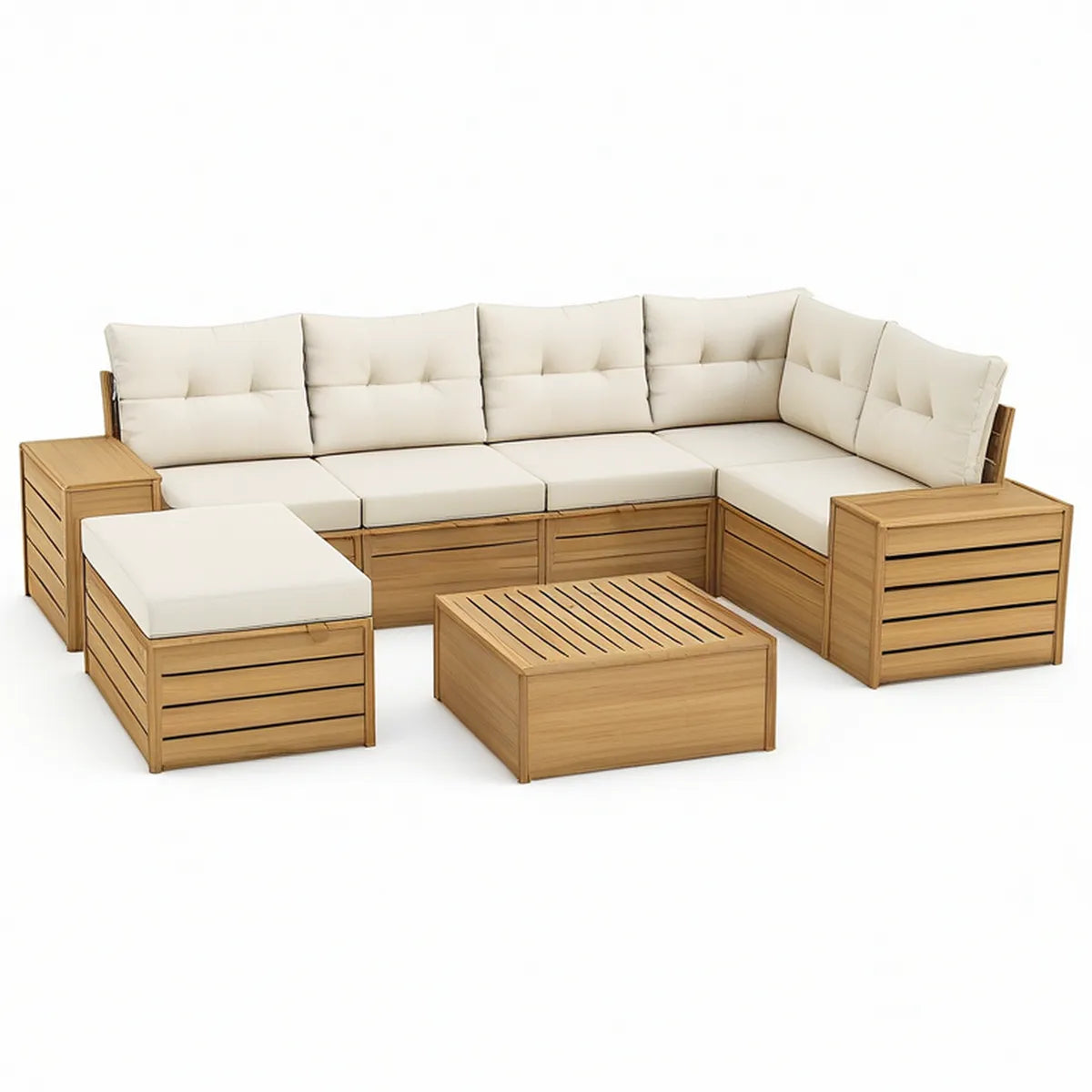 6-teiliges Gartenlounge-Set aus Akazienholz in Naturbraun/Creme, L-Form, 280 x 210 x 75 cm