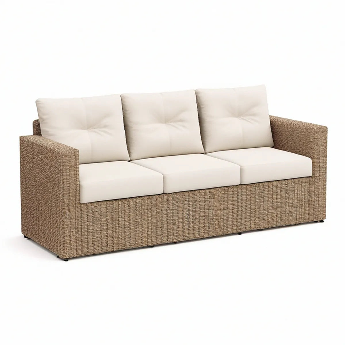 3-Sitzer Gartensofa aus PE-Rattan Naturbeige mit cremeweissen Polyesterkissen, 205 x 85 x 75 cm