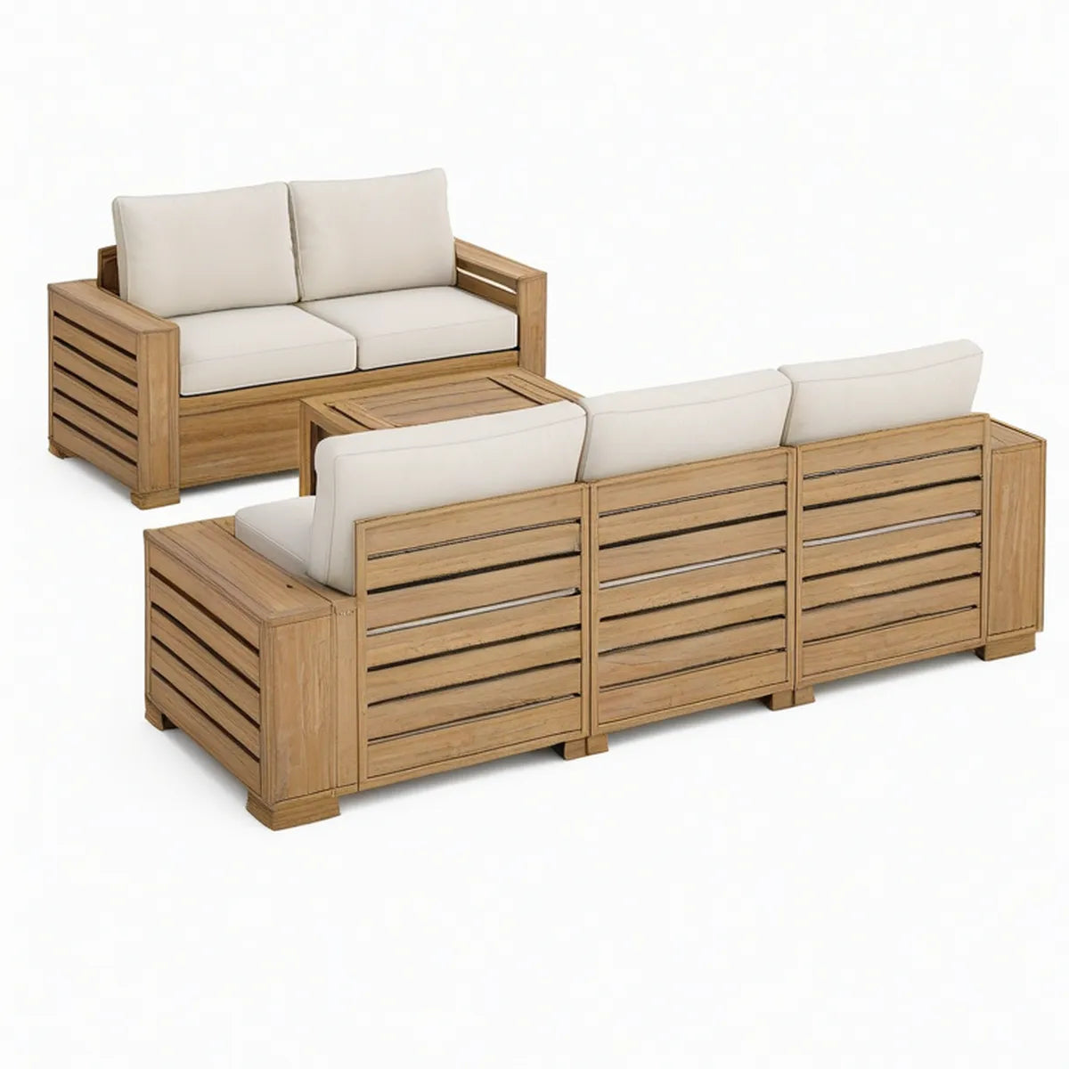 5-Sitzer Gartenlounge-Set aus Akazien-Massivholz Natur mit cremefarbenen Kissen, 3-Sitzer 210 x 75 x 70 cm, 2-Sitzer 150 x 75 x 70 cm, Tisch 100 x 60 x 40 cm