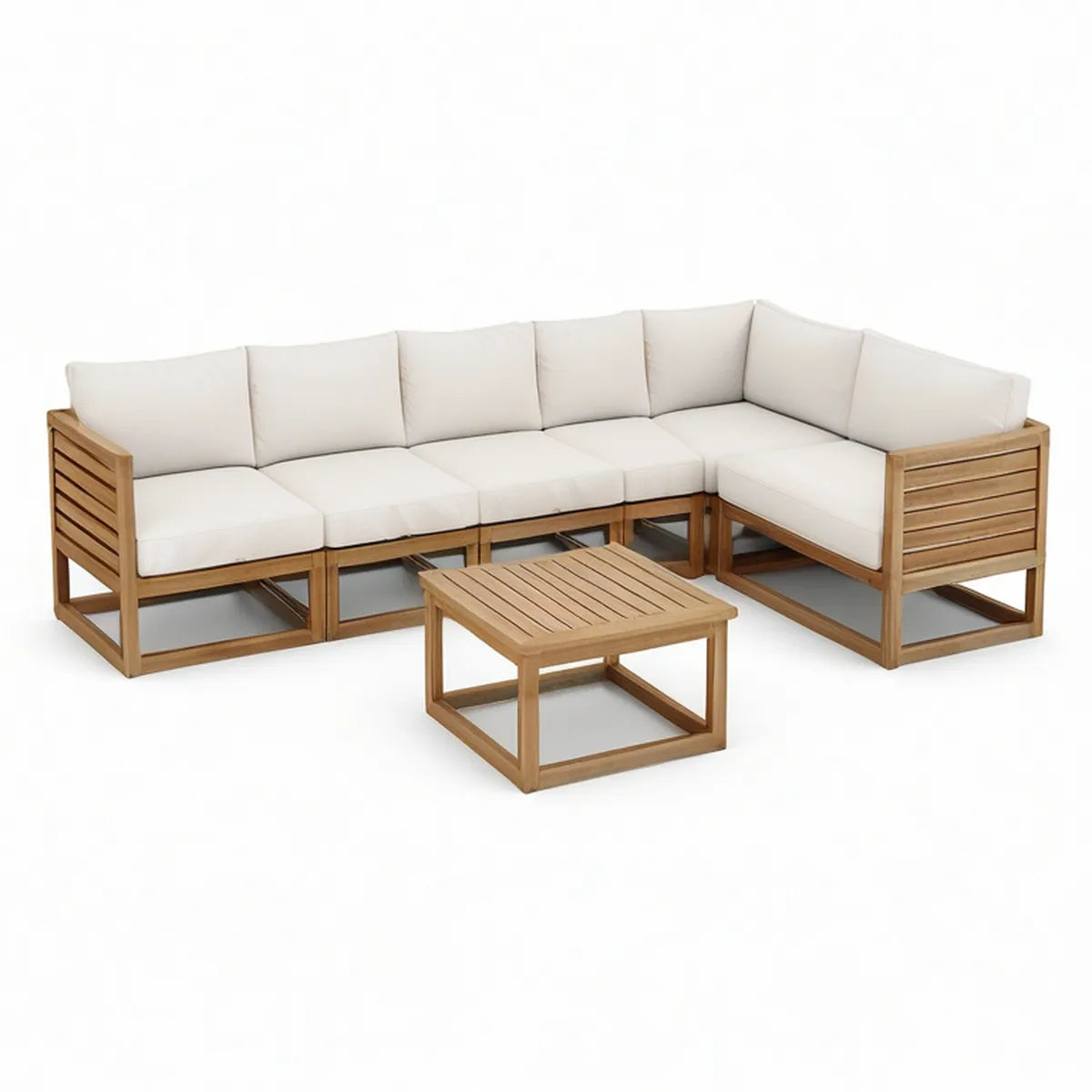 6-teiliges Gartenlounge-Set in L-Form aus massivem Akazienholz, Naturbraun/Cremeweiss, 276 x 140 x 60 cm