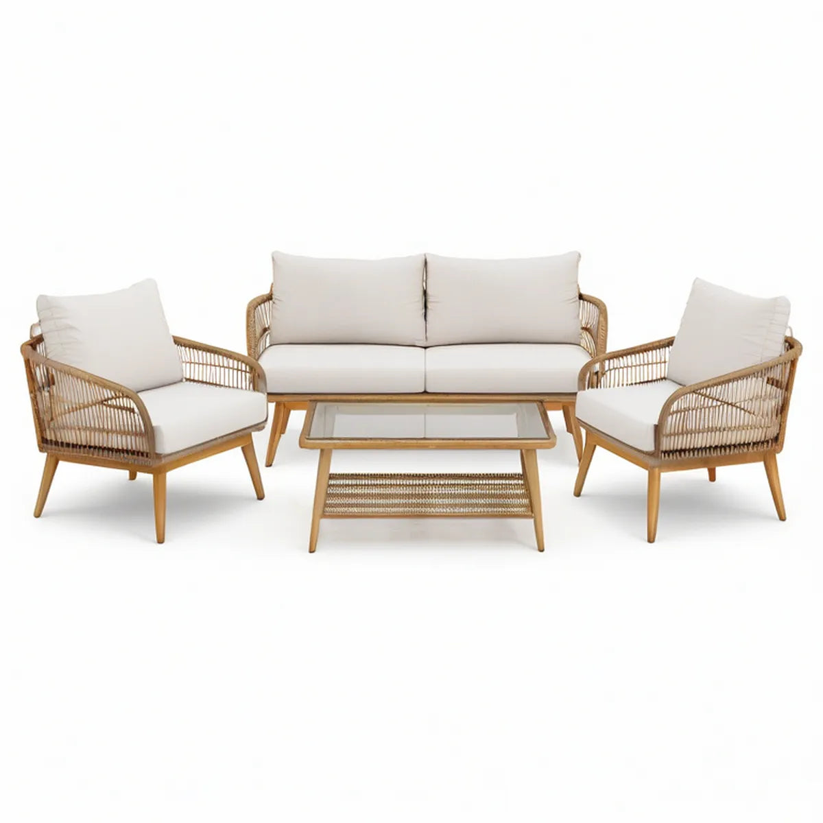 4-teiliges Gartenlounge-Set aus Akazienholz und PE-Rattan, Naturbraun/Beige, Sofa 180 x 75 x 78 cm