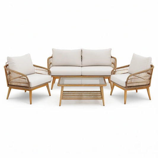 4-teiliges Gartenlounge-Set aus Akazienholz und PE-Rattan, Naturbraun/Beige, Sofa 180 x 75 x 78 cm