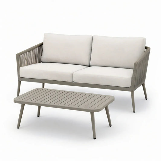 Gartensofa-Set 2-Sitzer mit rechteckigem Couchtisch, Aluminium Taupe/Beige, 150 x 75 x 76 cm