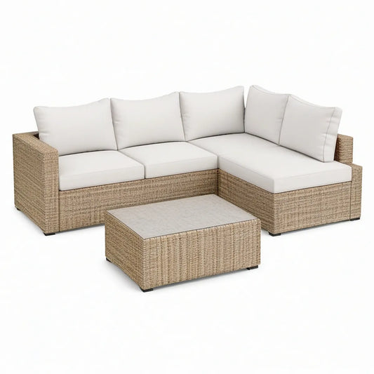 Garten-Ecklounge in L-Form 210 x 210 cm aus PE-Rattan Naturbeige mit cremeweissen Kissen und Couchtisch
