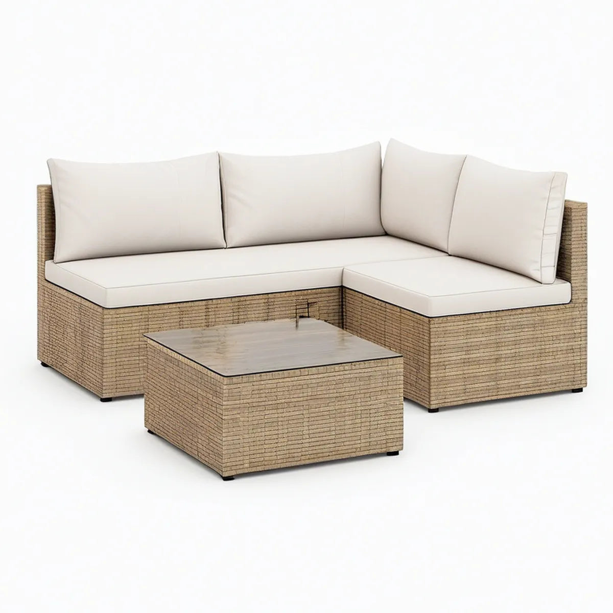 Polyrattan-Gartenlounge in L-Form Beige/Creme mit Glastisch, 190 x 190 x 72 cm