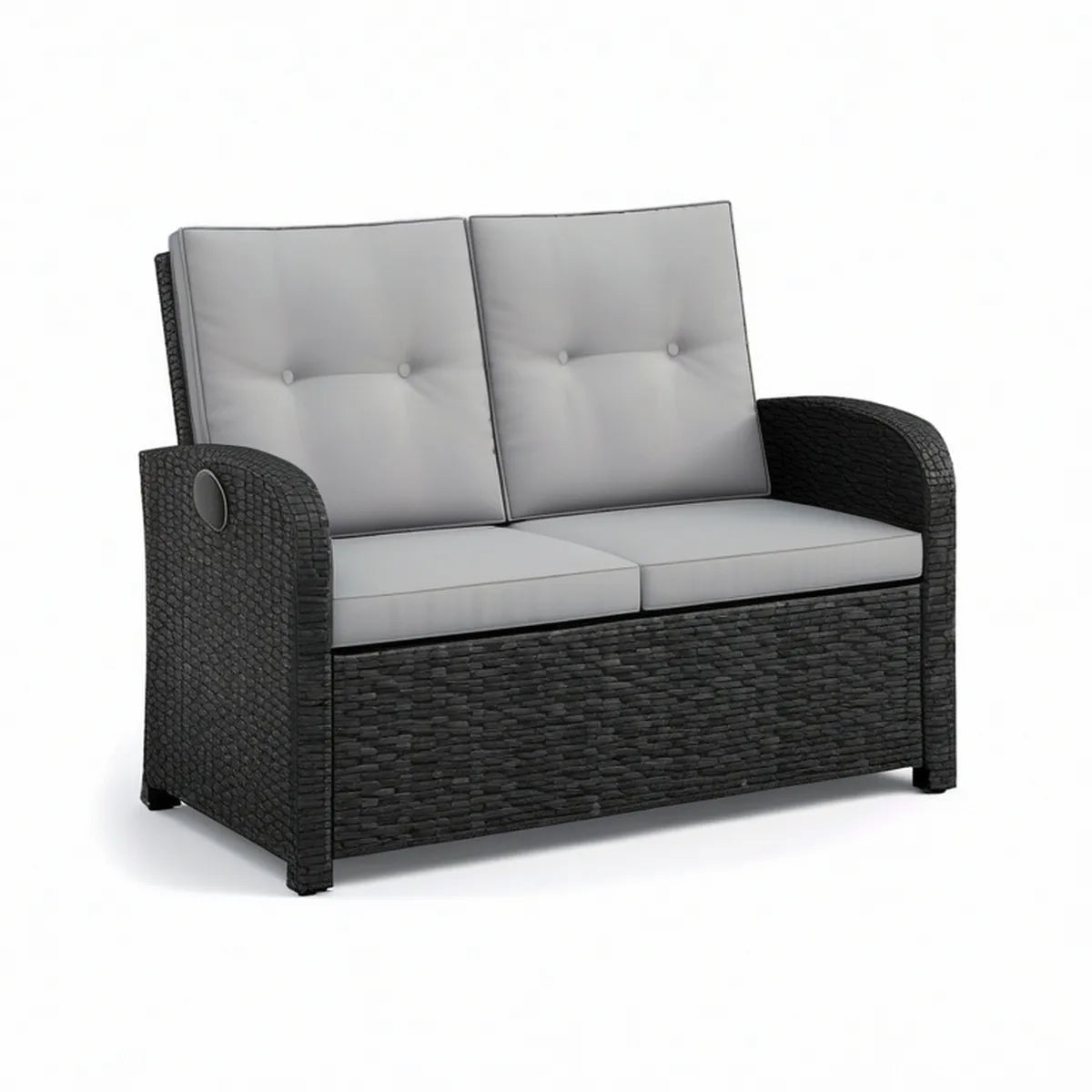2-Sitzer Gartenbank aus schwarzem PE-Rattan mit grauen Polyesterkissen, 124 × 65 × 85 cm