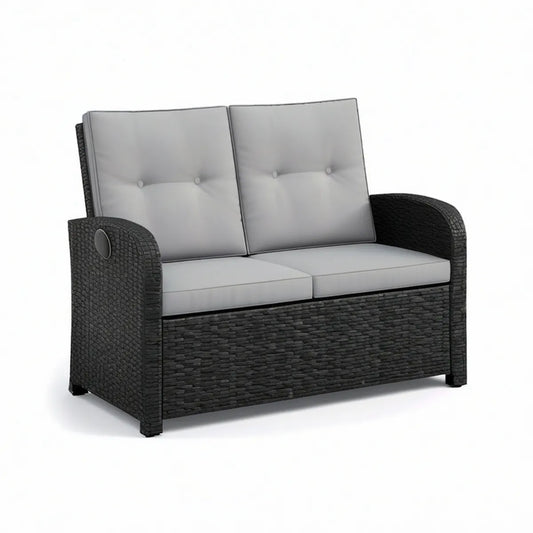 2-Sitzer Gartenbank aus schwarzem PE-Rattan mit grauen Polyesterkissen, 124 × 65 × 85 cm