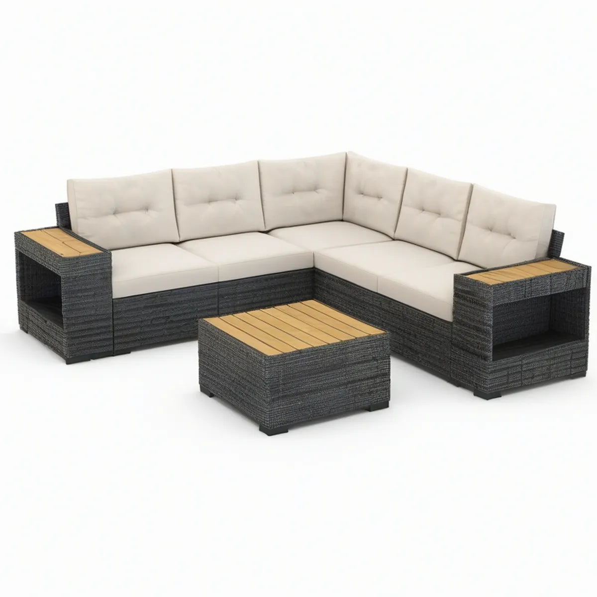Gartenlounge in L-Form 220 x 220 x 73 cm aus PE-Rattan, Stahl und Akazienholz, Dunkelgrau/Beige/Naturholz mit Couchtisch