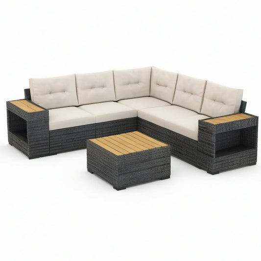 Gartenlounge in L-Form 220 x 220 x 73 cm aus PE-Rattan, Stahl und Akazienholz, Dunkelgrau/Beige/Naturholz mit Couchtisch