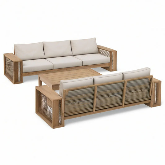 Gartenlounge-Set aus Teakholz mit 2 Dreisitzer-Sofas und Couchtisch, Naturbraun/Beige/Taupe, Sofas 240 × 90 × 75 cm