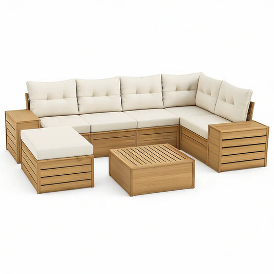 6-teiliges Gartenlounge-Set aus Akazienholz in Naturbraun/Creme, L-Form, 280 x 210 x 75 cm