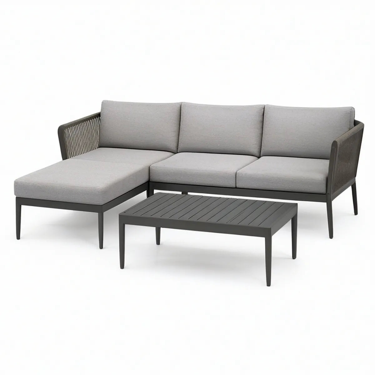 Gartenlounge mit linker Chaiselongue, Couchtisch und Kissen, Dunkelgrau/Grau, 225 x 150 x 75 cm