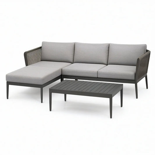 Gartenlounge mit linker Chaiselongue, Couchtisch und Kissen, Dunkelgrau/Grau, 225 x 150 x 75 cm