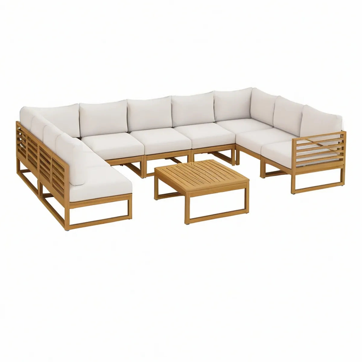 7-teiliges Gartenlounge-Set in L-Form aus Akazien-Massivholz, Natur/Beige, 280 x 210 x 70 cm