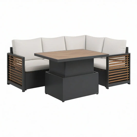 5-Sitzer Ecklounge mit Tisch, Aluminium und WPC, Anthrazit/Naturbraun/Creme, 250 x 250 x 70 cm