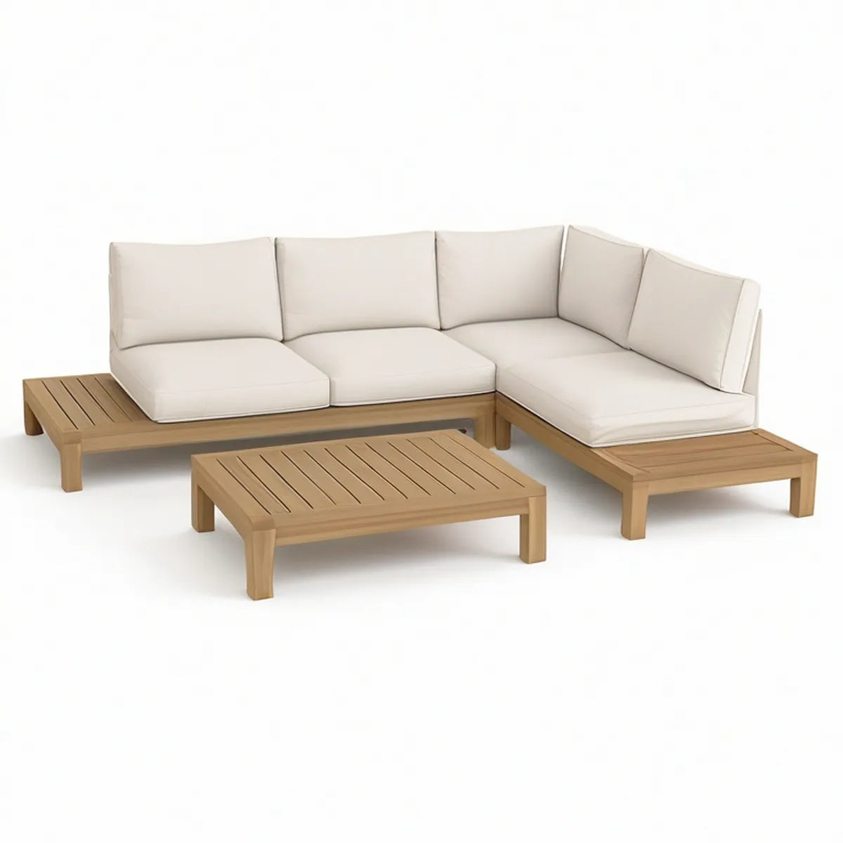 Gartenlounge in L-Form aus Akazienholz mit Kissen und Couchtisch, Naturbraun/Beige, 260 x 200 x 70 cm