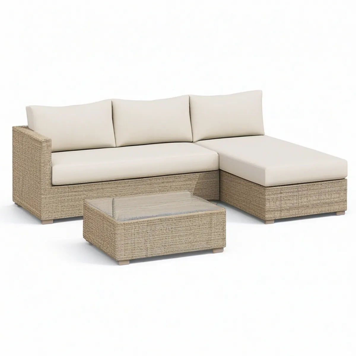 Garten-Lounge-Set in L-Form mit rechtsseitiger Recamiere und Glastisch, Beige/Creme, 210 × 140 × 65 cm