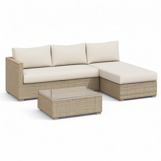 Garten-Lounge-Set in L-Form mit rechtsseitiger Recamiere und Glastisch, Beige/Creme, 210 × 140 × 65 cm