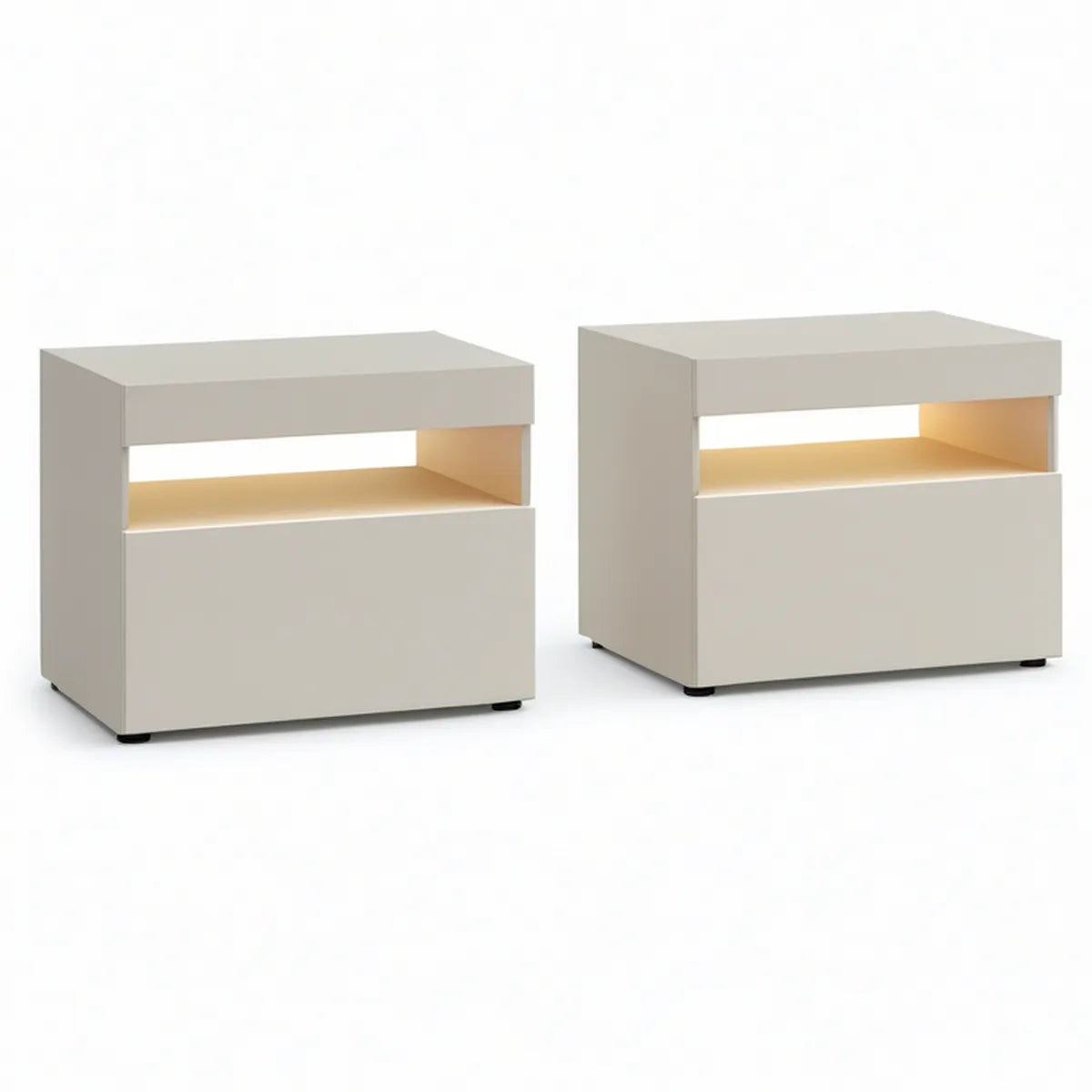 2er-Set Nachttische aus MDF in Cremeweiss mit Schublade, LED-Ablage und schwarzen Füssen, je 50 x 40 x 50 cm