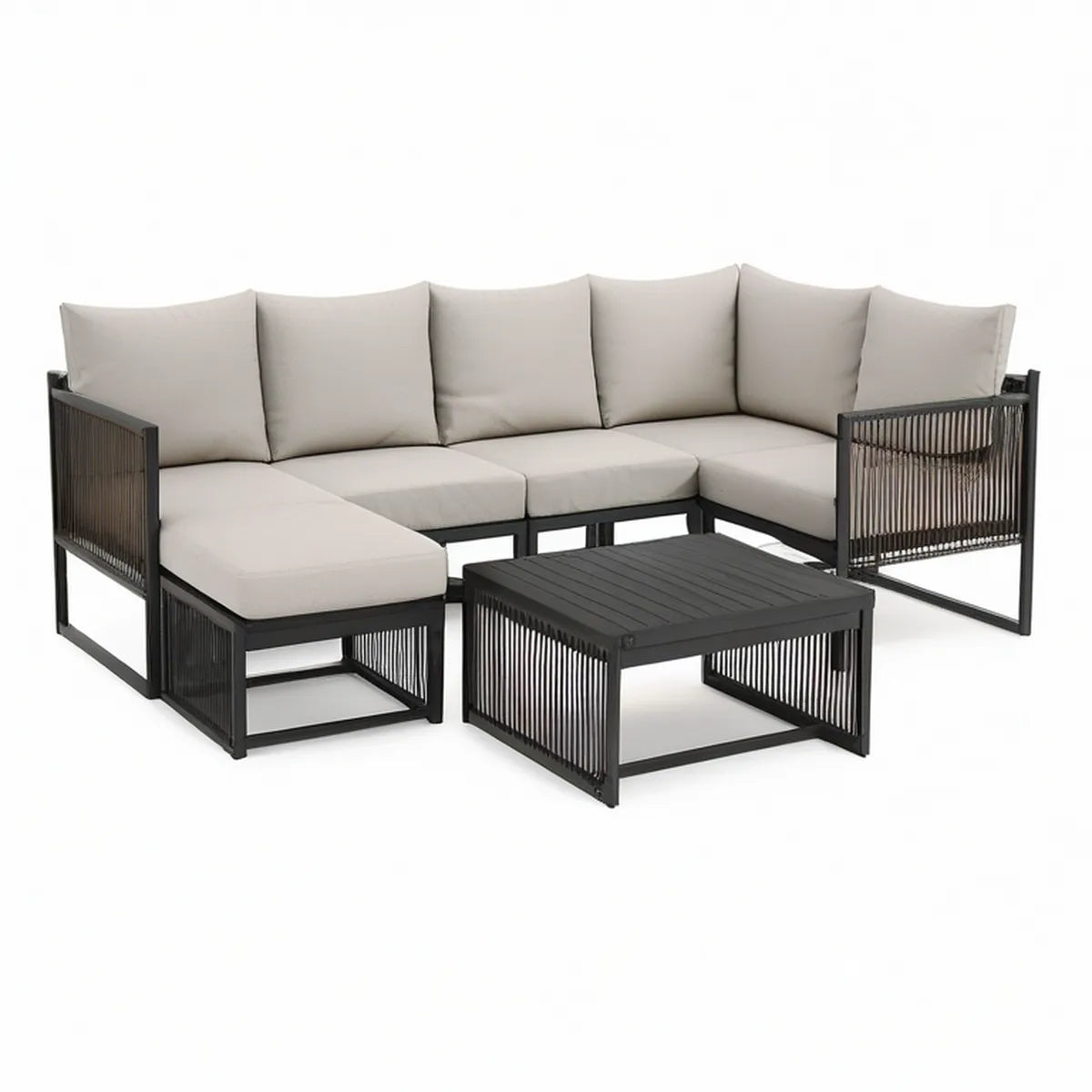 5-teiliges Garten-Lounge-Set in L-Form, Schwarz/Beige, 250 x 190 x 70 cm